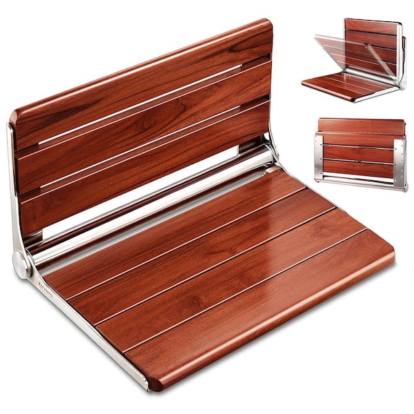 18.4 in. L x 13.4 in. W x 10.4 in. H Wall Mount ADA Compliant Walk in Shower Seat, Larger Teak Shower Bench in Dark Teak