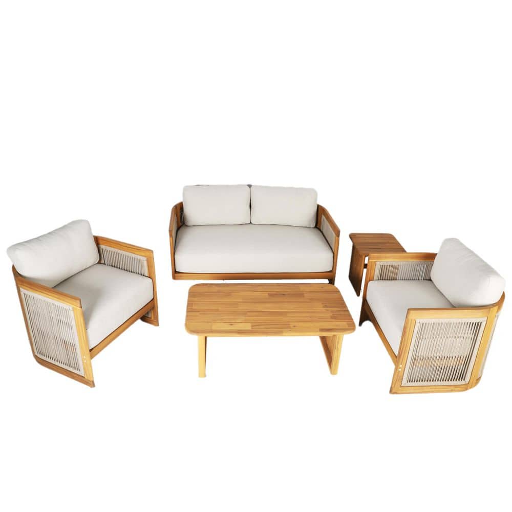 4-Piece Solid Wood Outdoor Patio Conversation Set with Beige Olefin Cushions and Side Table price history on PriceWatchPro