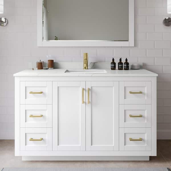 Wyndham Collection Miranda 54 in. W x 22 in. D x 33.75 in. H Single Bath Vanity in White with Giotto Quartz Top and 46 in. Mirror