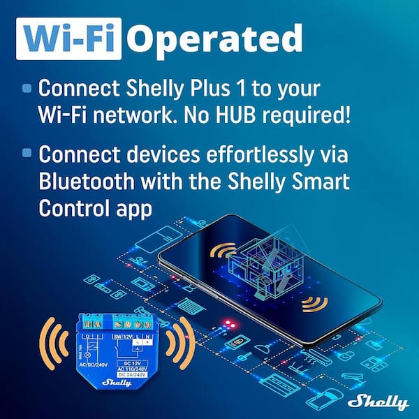 Shelly Plus 1 UL: WiFi & Bluetooth Smart Relay, Alexa/Google  Compatible,iOS/Android App,No Hub,Wireless Switch,DIY Door Control Shelly  Plus 1 UL (1) - The Home Depot