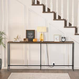 70.9 in. Extra Large Brown Rectangle MDF Console Table with 2-Power Outlets and USB Ports, Metal Frame