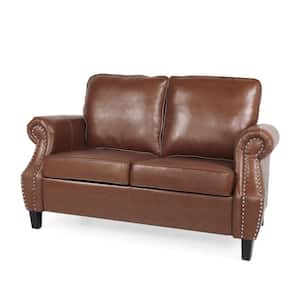 Elwick 58 in. W 2-Seat Cognac Brown and Dark Brown Faux Leather Loveseat