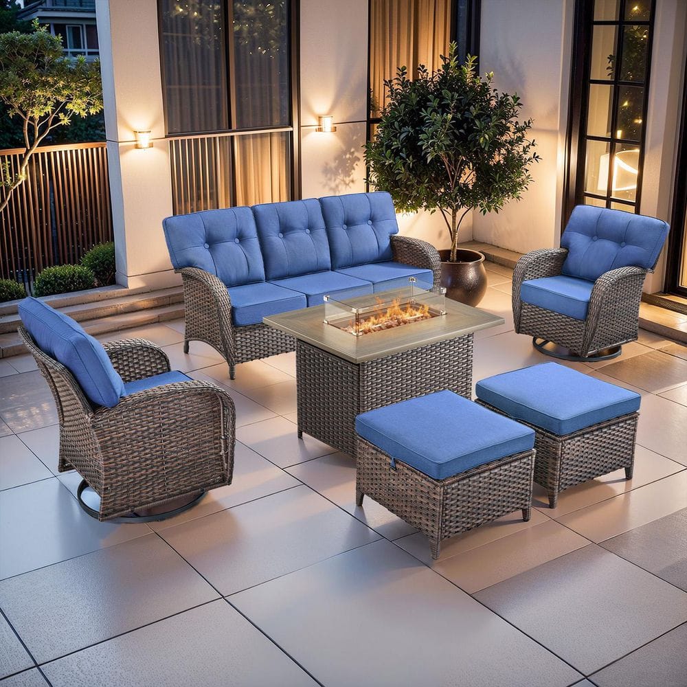Brynn 6-Piece Wicker Outdoor Fire Pit Patio Conversation Sofa Set with Swivel Glider Chairs with Blue Cushions price history on PriceWatchPro