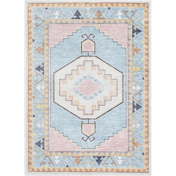 Well Woven Pink Ivory 5 ft. x 7 ft. Flat-Weave Ethnic Soft Medallion Modern Kids Medallion Area Rug