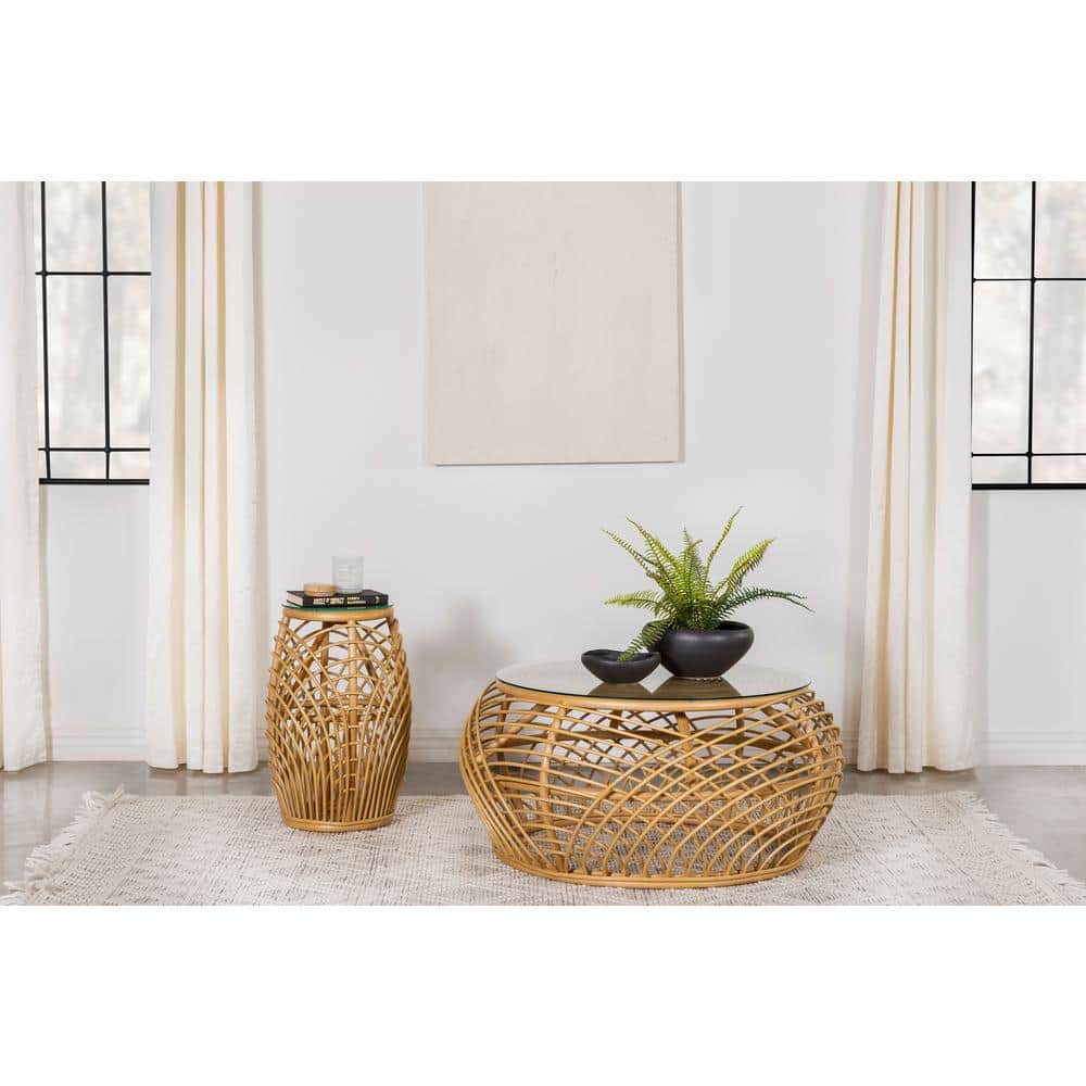 Natural Brown Rattan and Glass Round End Table