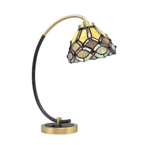 Delgado 18.25 in. Matte Black and New Age Brass Accent Desk Lamp with Grand Merlot Art Glass Shade