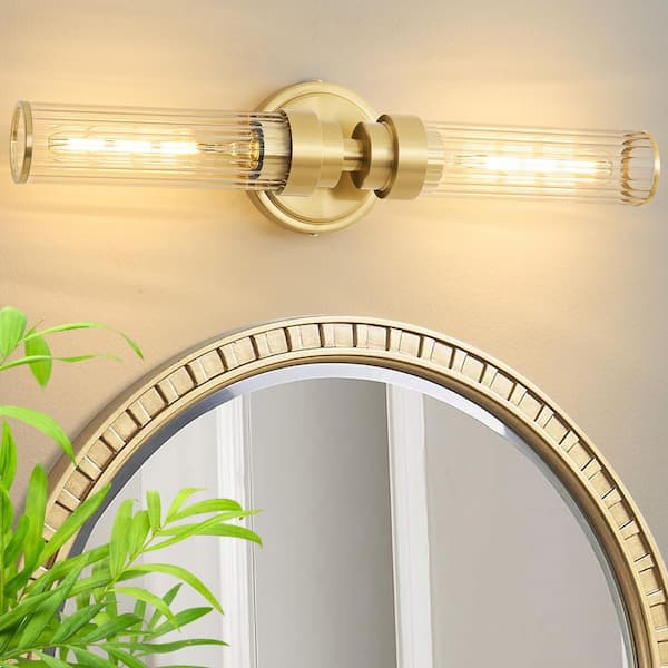 2-Light Vintage Gold Wall Sconce with Fristed Clear Glass Shade Industrial Antiqued Bathroom Vanity Light