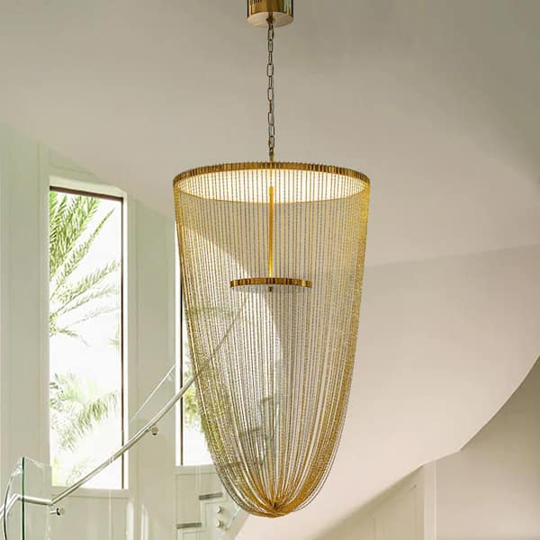 ALOA DECOR Contemporary 1-Light Not Dimmable Antique Gold Metal Fringe Integrated LED Chandelier With Cone Shape for Stairway