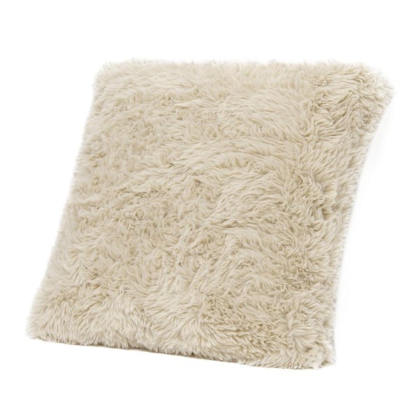 Jennifer Taylor Astrid 20 in. Square Accent Throw Pillow Cover with Feather Insert in Cream Beige Faux Fur