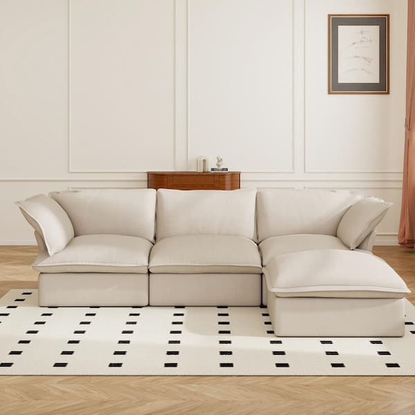 123 in. Flared Arm Oversized 4-piece Down Filled Linen L-shaped Modular Cloud Sectional Sofa in. Beige for Home Office