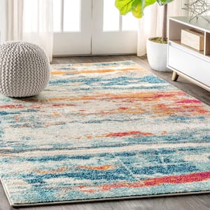 Contemporary Pop Modern Abstract Brushstroke Cream/Blue 4 ft. x 6 ft. Area Rug