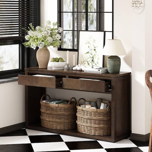 55 in. Brown Rectangle MDF Entryway Console Table with Storage Drawers and Open Shelf for Hallway