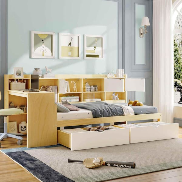 Natural/White Twin Daybed with 7-Storage Cabinets, 2 Storage Drawers, Study Desk and Built-in Bookshelf