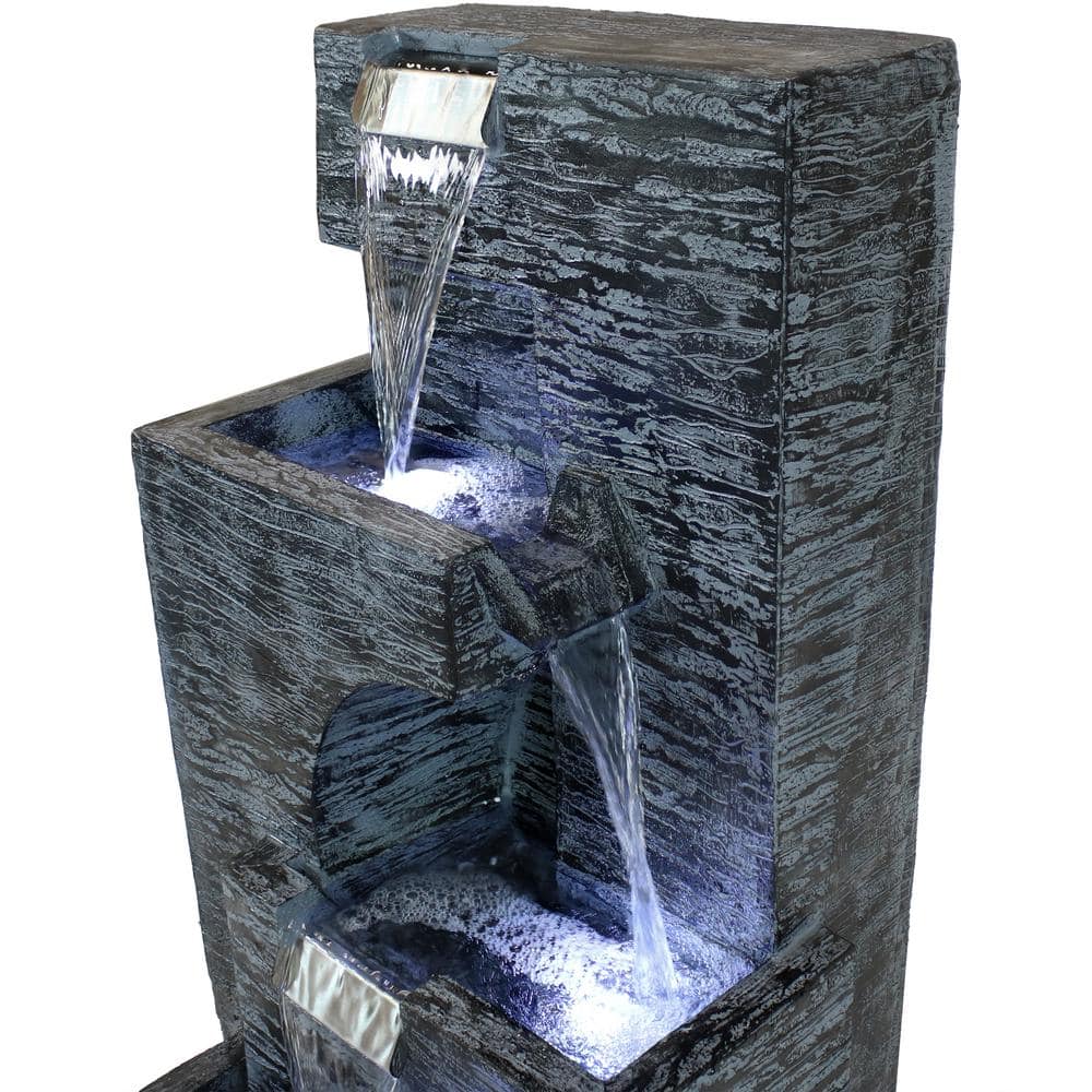 32-Inch Gray Polyresin Cascading Tower Outdoor Water Fountain with LED Lights