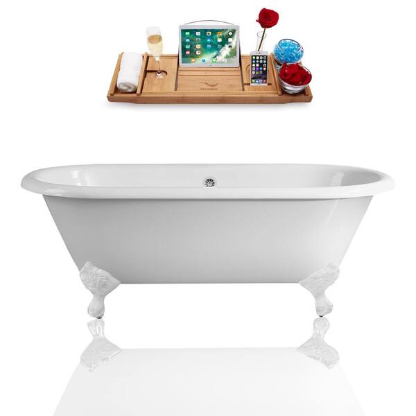 Streamline 66 in. Cast Iron Clawfoot Non-Whirlpool Bathtub in Glossy White with Polished Chrome Drain and Glossy White Clawfeet