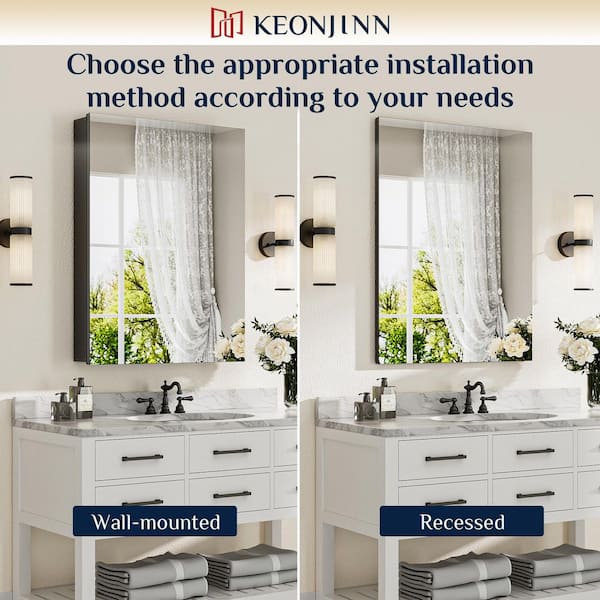 KeonJinn 14 in. W x 18 in. H Rectangular Frameless Aluminum Black Recessed or Surface Mount Medicine Cabinet with Mirror