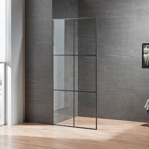 Libra 34 in. W x 74 in. H Large-Grid Fixed Frame Shower Door in Gunmetal Finish with Easy Cleaning Glass