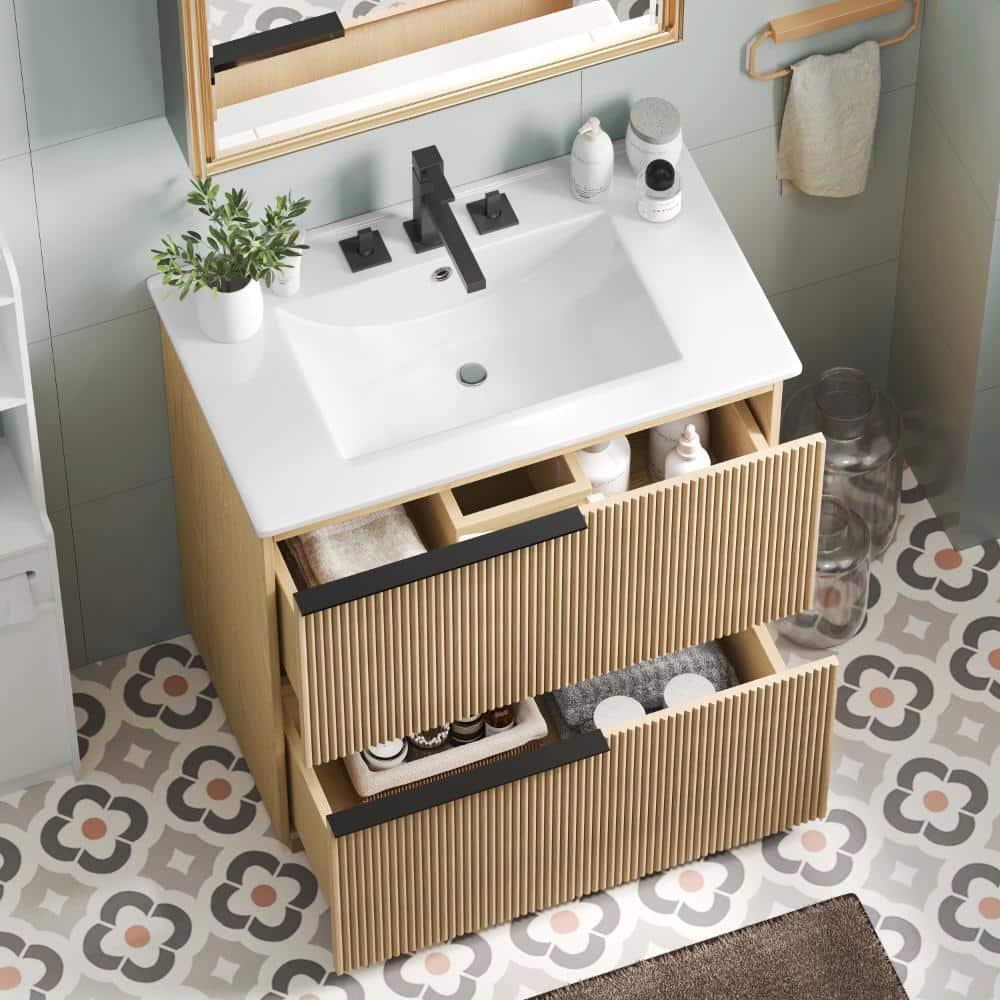 30 in. W x 18 in. D x 34 in. H Single Sink Natural Color Freestanding Bath Vanity with White Ceramic Top Unassembled price history on PriceWatchPro