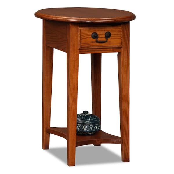 Leick Home 20.5 in. W x 15.75 in. D Medium Oak Oval Wood Side Table with 1-Drawer and Shelf