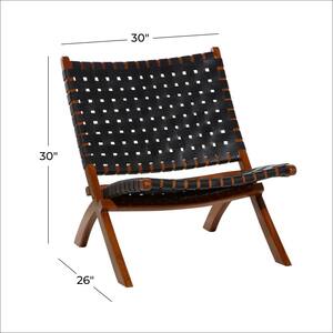 Black Leather Woven Folding Chair with Brown Wood Frame