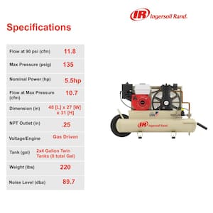 Reciprocating 8 Gal. 135 Max PSI, 5.5 HP Honda Portable Gas Wheelbarrow Air Compressor