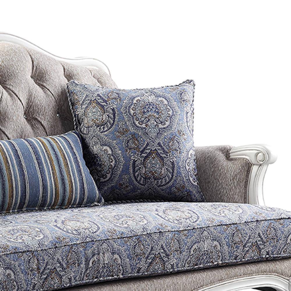 White Floral Tufted Fabric Loveseat with Wood Frame