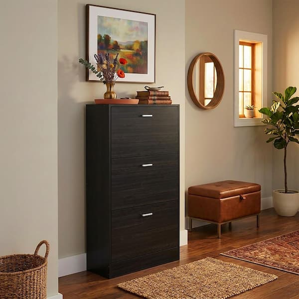 22.4 in. W x 41.7 in. H Black Wood Shoe Storage Cabinet with 6-Foldable Compartments up to 18-Pairs