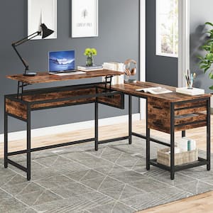 59 in. L-Shaped Rustic Brown Wood 2 Drawer Computer Desk with Lift Top and Shelf
