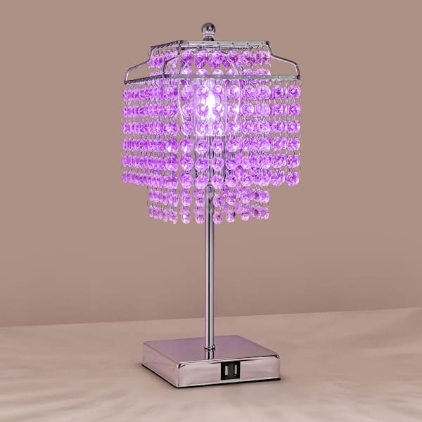 YANSUN 1-Light Bedside Purple Crystal Table Lamp Chrome, Touch Control, 3-Way Dimmable Lamp with Crystal Shade for Bedroom