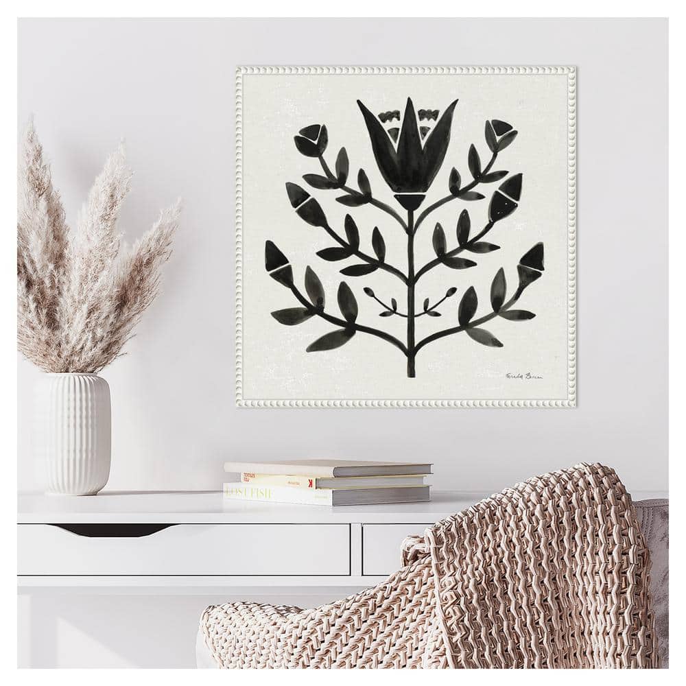 Nordic Black and White Botanical Canvas Wall Art with Beaded Frame