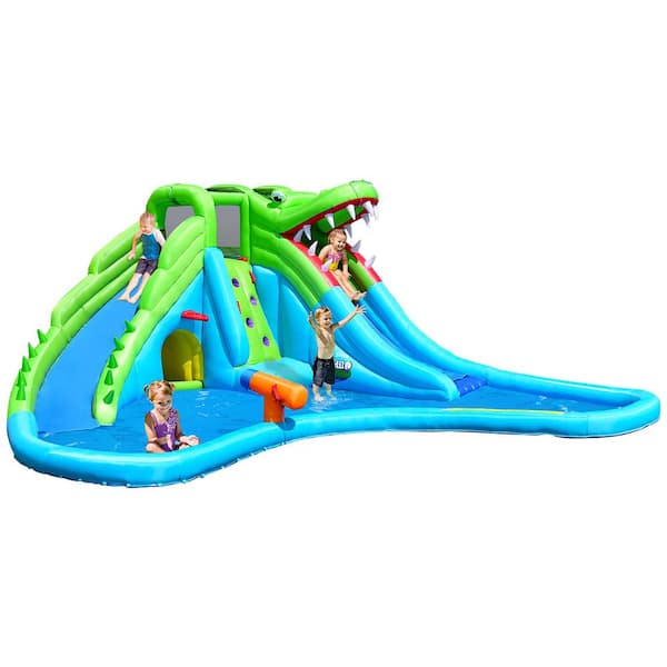 Costway Multi-Color Inflatable Kid Crocodile Bounce House Dual Slide Climbing Wall Splash Pool with Bag
