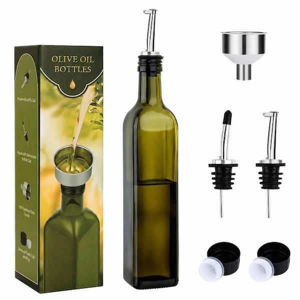 17 oz Glass Olive Oil Dispenser, 500 ml Green Oil and Vinegar Cruet with Pourers and Funnel