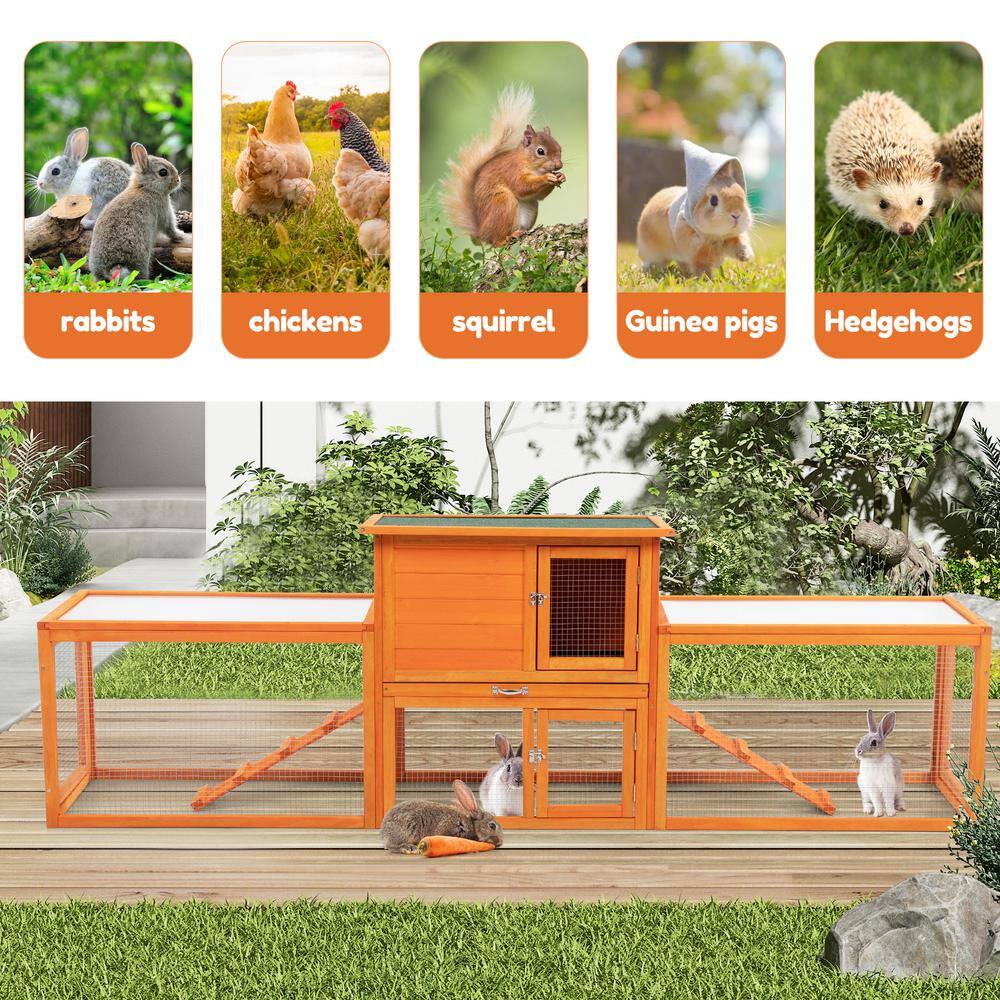 Large Orange Wood Rabbit Hutch with Ramps and Mesh Runs