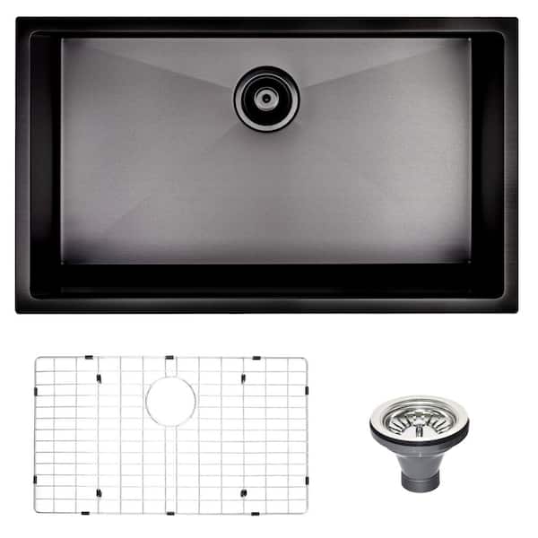 Unbranded 32 in. L x 18 in. W Undermount Single Bowl Black Stainless Steel Kitchen Sink with Sink Grid
