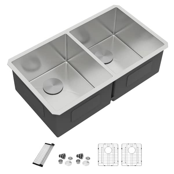 36 in. Undermount Double Bowl 16 Gauge 304 Stainless Steel Kitchen Sink, 50/50 Split with Rounded Corners