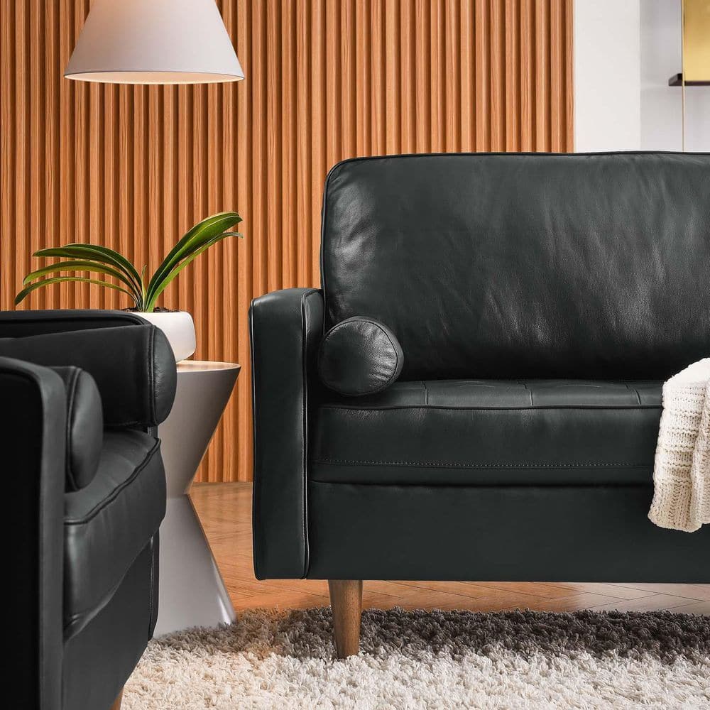 Luxurious 88" Black Leather Tufted Sofa with Walnut Wood Legs and Ottoman