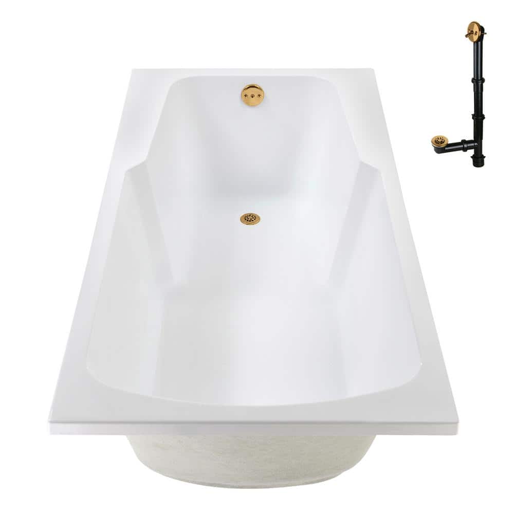 72'' Glossy White Acrylic Soaking Drop-In Bathtub with Brushed Gold Hardware