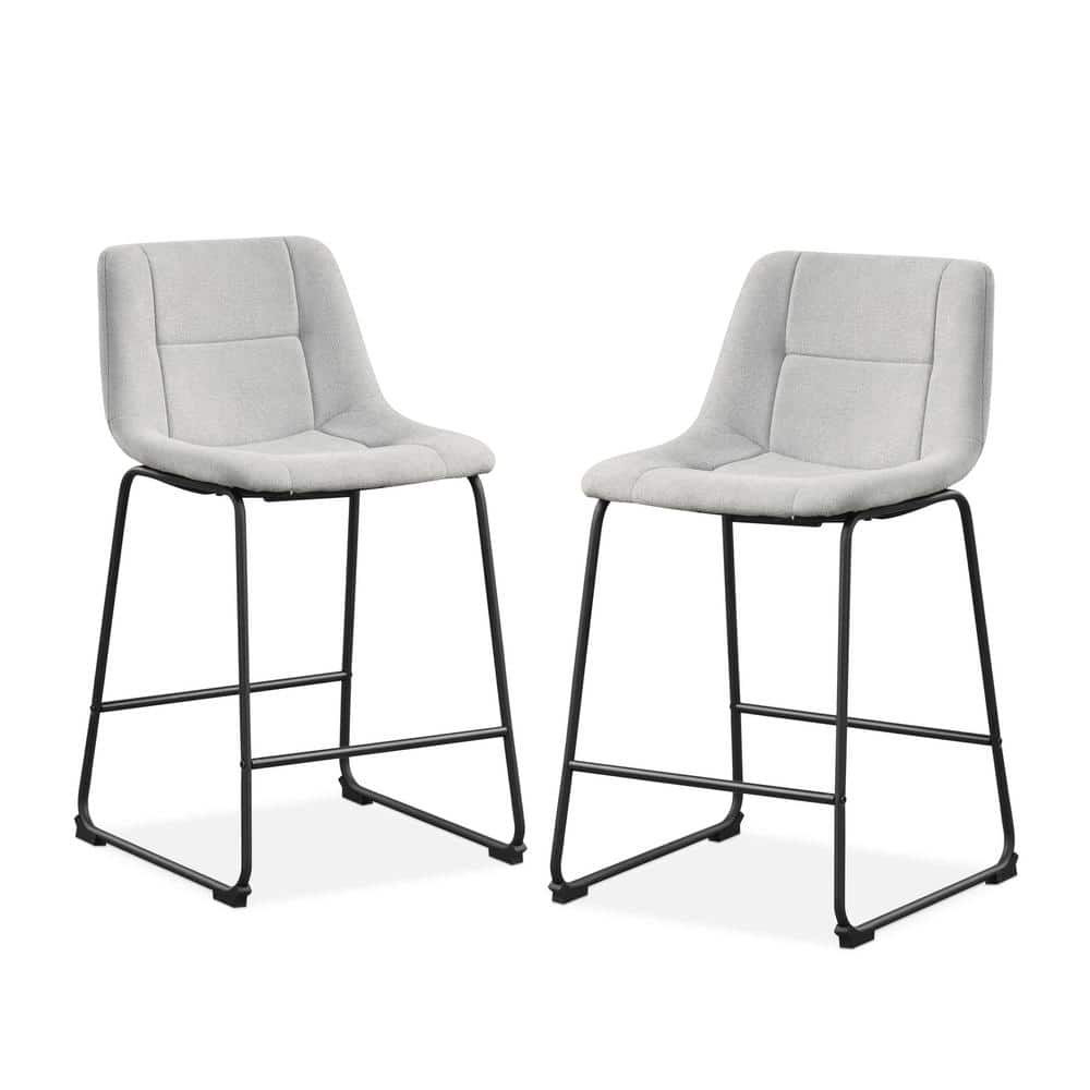 Light Grey Chenille Upholstered Counter Height Bar Stools with Metal Frame, Set of 2