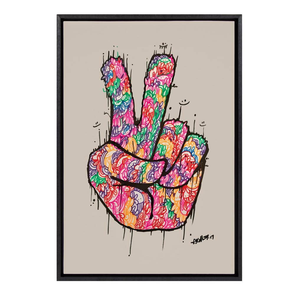 Colorful Peace Sign Hand Art on Black Framed Canvas