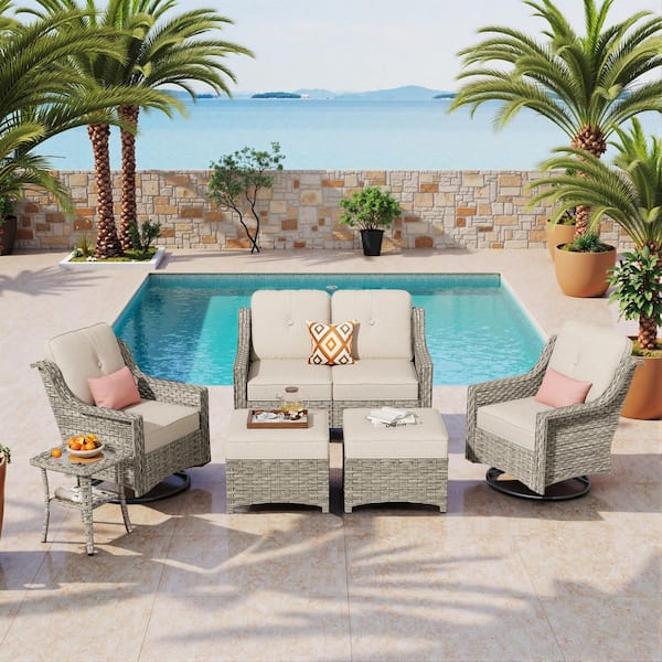 Heliora Gray Wicker Patio Loveseat Set Outdoor Lounge Swivel Chair with Beige Cushion, Ottoman and Side Table