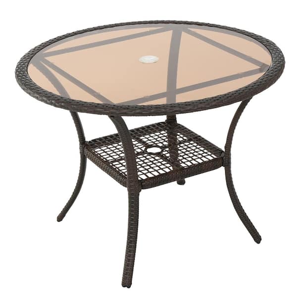 Unbranded Brown Round Wicker 2-Tier Patio Coffee Table