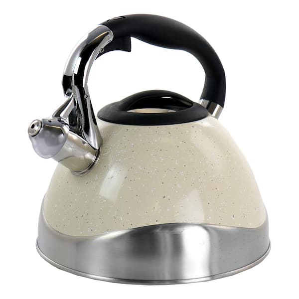 Grey with Brown Handle Kettle with Whistle 3.0 L Stainless Steel Stove Top Gas Induction Whistling Kettle White