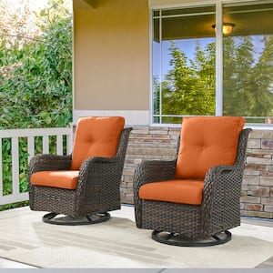 Earlo Brown Wicker PE Rattan Outdoor Swivel Rocker Patio Chairs with Olefin Orange Cushions (2-Pack)