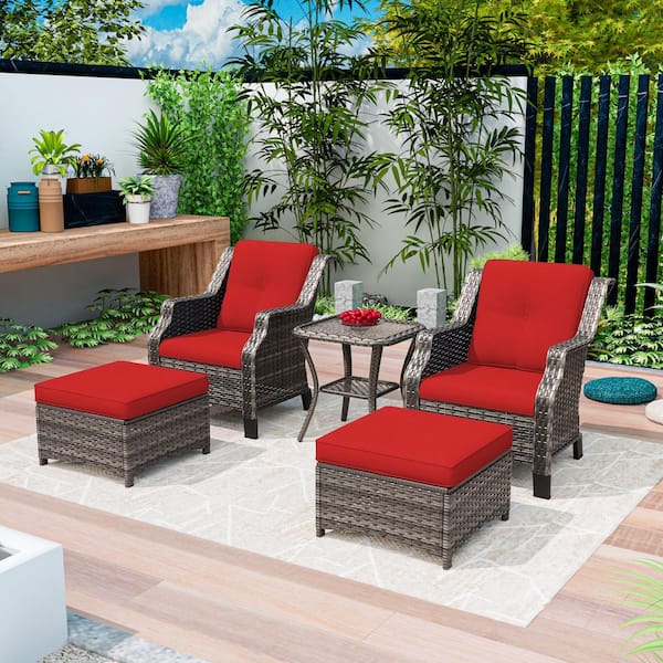 Brown 5-Piece Wicker Patio Conversation Set Outdoor Lounge Chair with Red Cushions