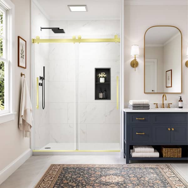 56-60 in. W x 74 in. H Double Sliding Semi Frameless Shower Door in Brushed Gold with Nano-Coated Easy-Clean Glass