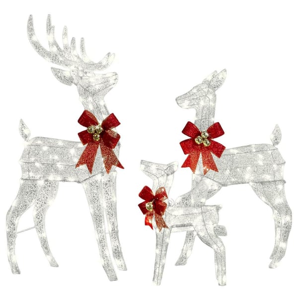 48 in. 210 LED Lights Metal Reindeer Family Christmas Yard Decor in Silver