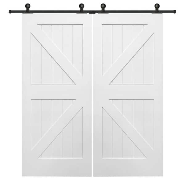 MMI DOOR 84 in. x 84 in. Primed Composite K-Plank Double Sliding Barn Door with Matte Black Hardware Kit
