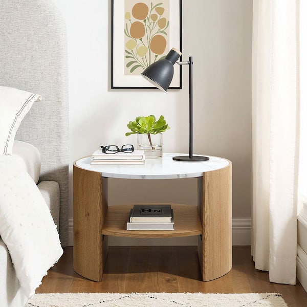 23.60 in. Natural Finish Round Manufactured Wood Coffee Table with Faux Marble Top