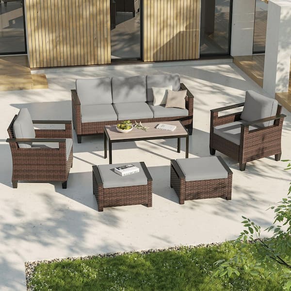 6-Pieces Patio Conversation Set with Coffee Table Wide Armrests Sofa Brown PE Wicker with Gray Cushions
