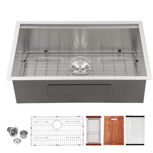 Logmey 16-Gauge Stainless Steel 32 in. Single Bowl Right Angle Undermount Workstation Kitchen Sink